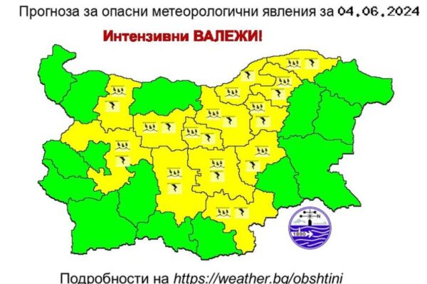 Жълт код за интензивни валежи обявен в 11 региона на страната.